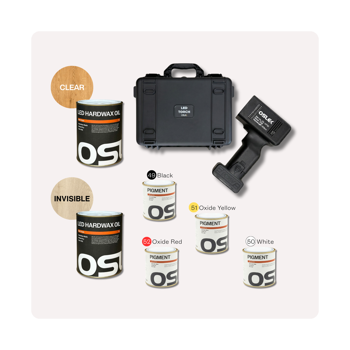 Oslek LED Hardwax Oil Professionals Pack with four colour pigments