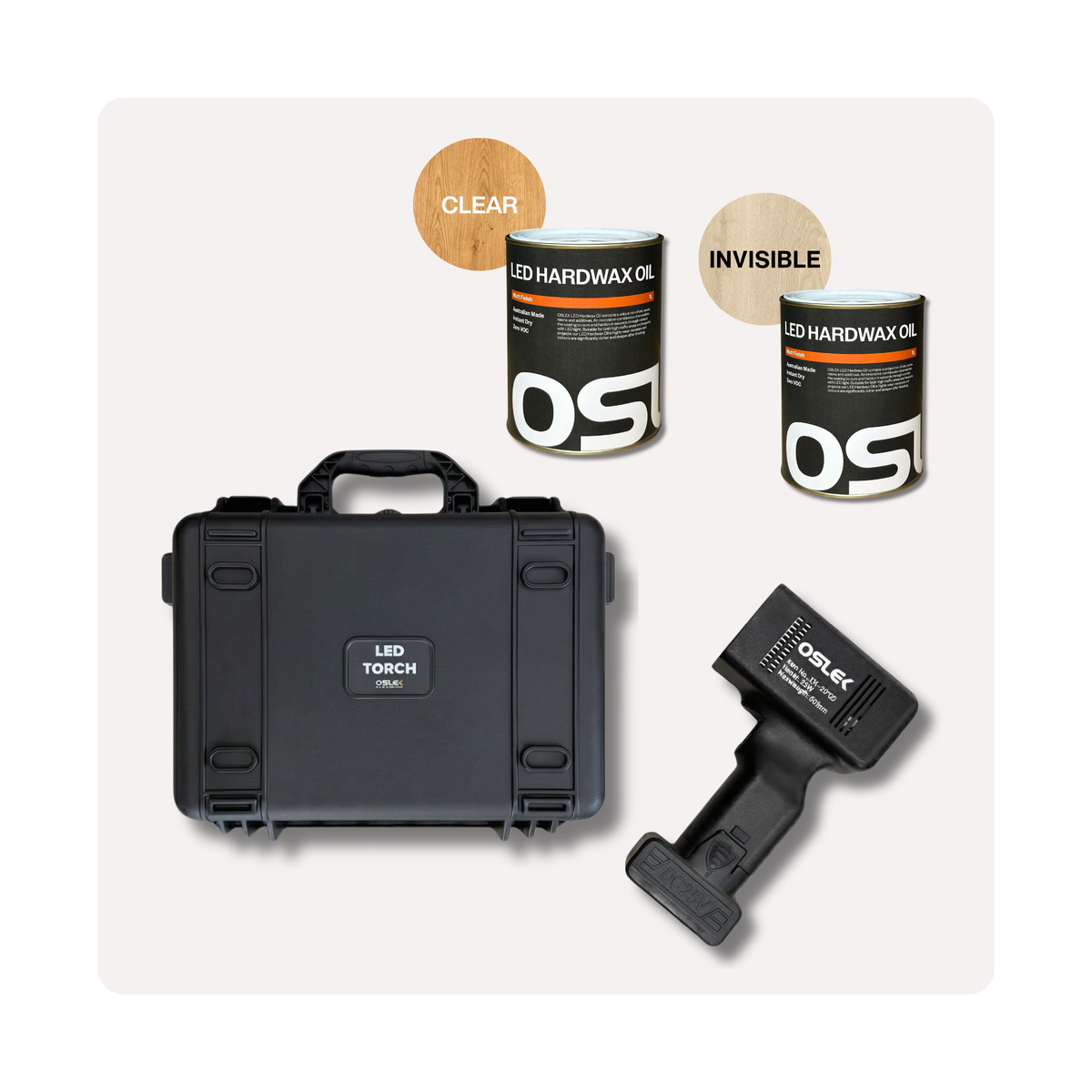Oslek LED Hardwax Oil Essentials Pack with 50W LED torch and two oils