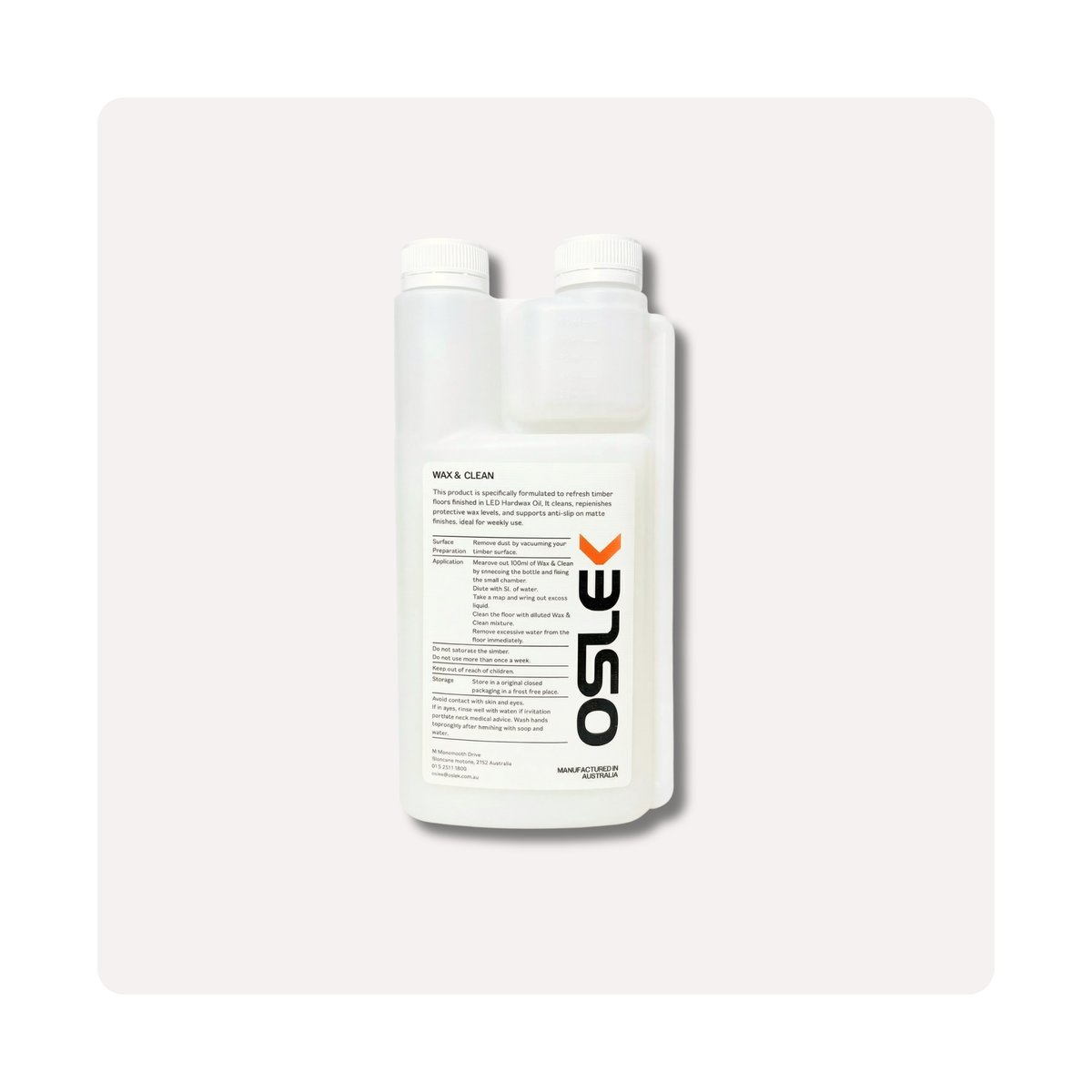 Oslek Wax & Clean 1 litre bottle, back label with instructions